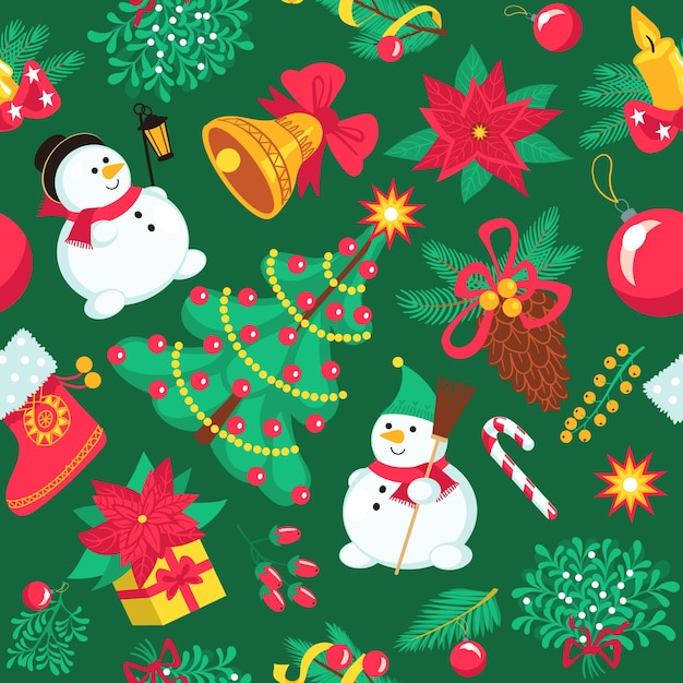 Seamless Christmas pattern. Holiday New Year background. Winter poinsettia flowers or mistletoe branches. Xmas trees and snowmen. Childish festive motif print. Vector gifts wrapping paper