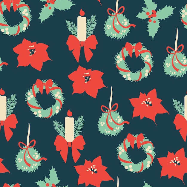 Vector seamless christmas pattern poinsettia plants and flowers holly berries mistletoe with a red bow