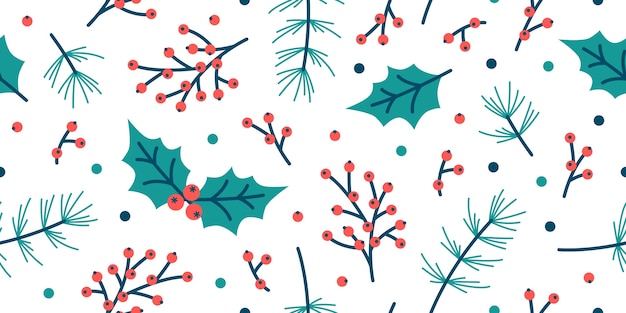 seamless christmas pattern spruce holly leaves berry leaf background