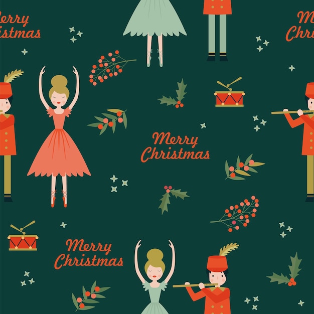 Вектор Бесшовный рождественский узор с балериной, щелкунчиками, барабанами, ягодами, листьями на зеленом фоне.