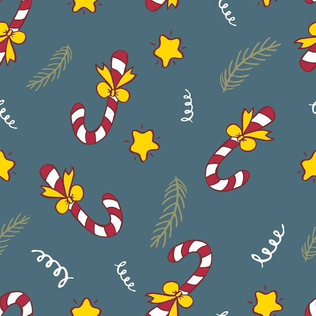 Вектор Бесшовный рождественский узор с леденцами, веточками ели и звездами, рождественский фон