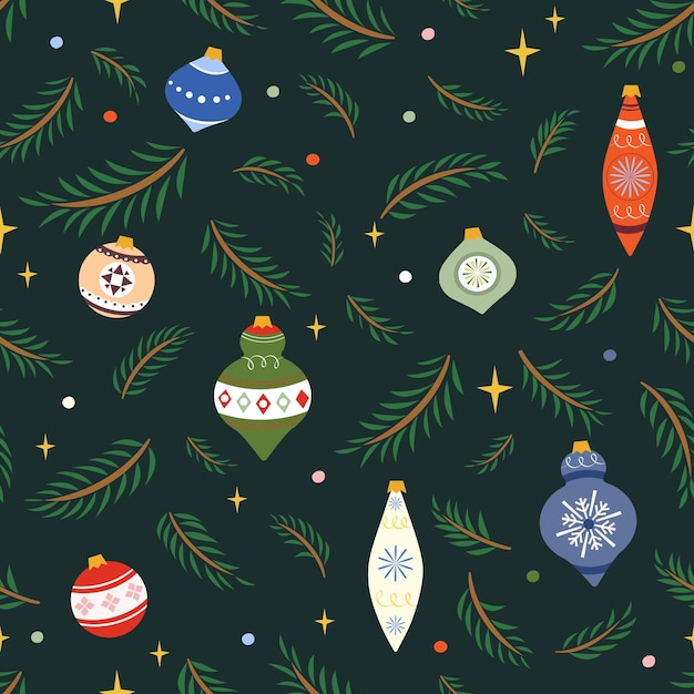 Vector seamless christmas pattern with christmas tree branch and vintage toys