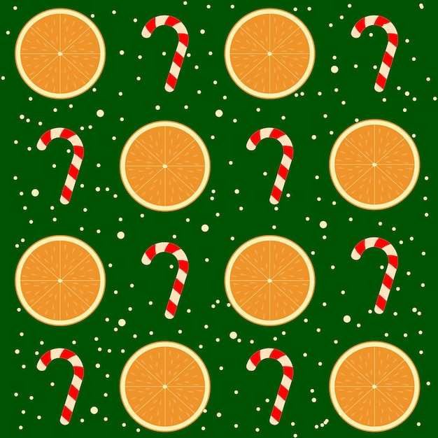 Бесшовный рождественский узор с классической рождественской карамельной тростью, дольками апельсина и снежинками. вектор.