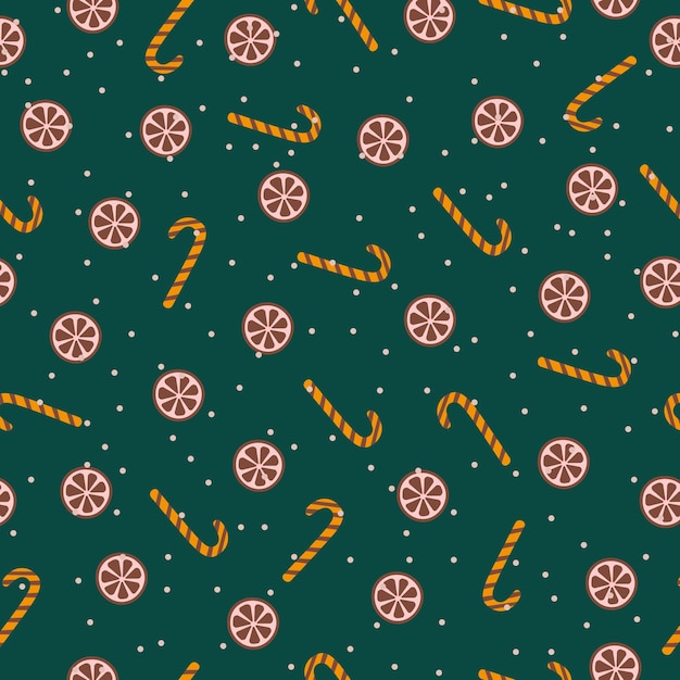 Seamless Christmas pattern with classic Christmas lollipop cane,orange slices and snowflakes