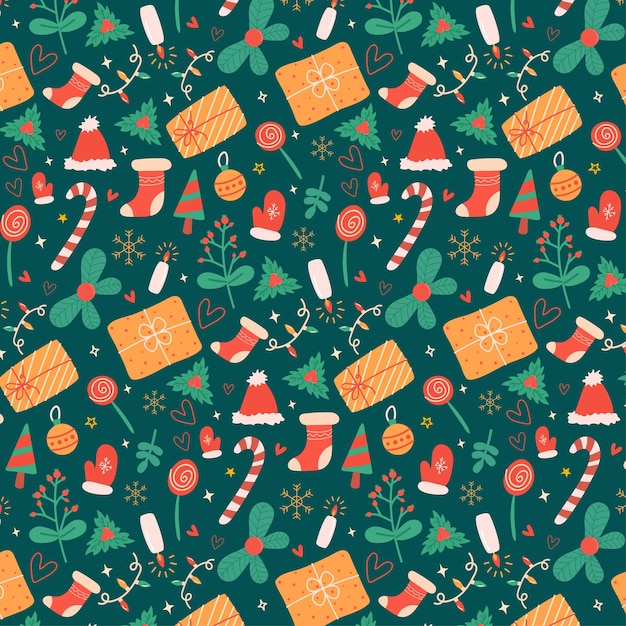 Seamless Christmas pattern with doodles. Hand drawn Christmas doodle elements.