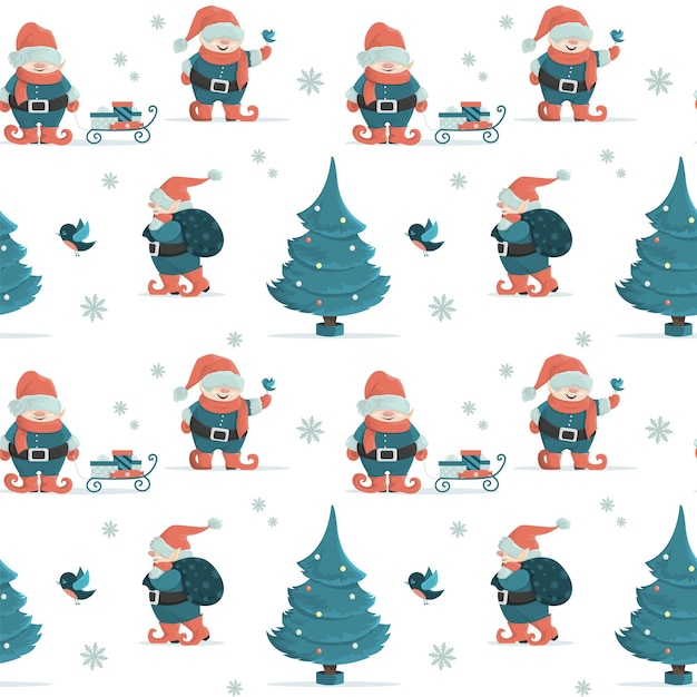 Seamless Christmas pattern with fairy gnomes, Christmas tree and gifts. Cartoon-style illustration.