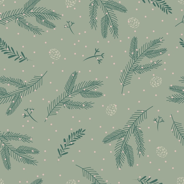 Seamless christmas pattern with fir twigs, pine cones, berries, spruce tree sprig on green backgroun