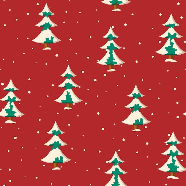 Seamless Christmas pattern with flat colored snowy fir trees