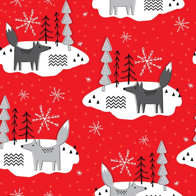 Seamless christmas pattern with fox and tree design on red background