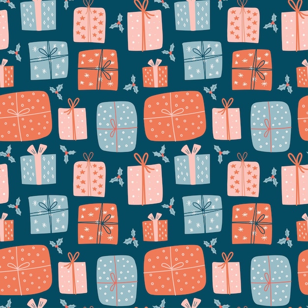 Seamless Christmas pattern with gift Vector new year illustration for fabric background