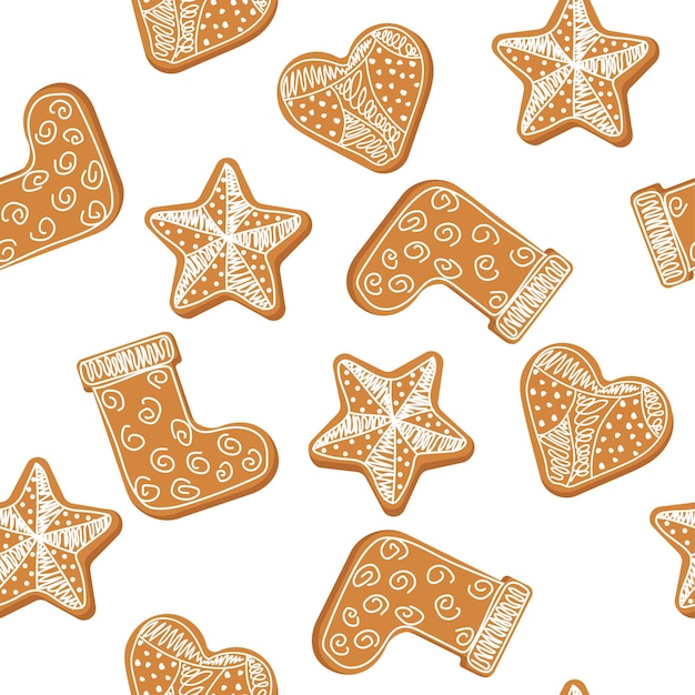 Seamless Christmas pattern with gingerbread. Boot, star, heart biscuit. Vector illustration