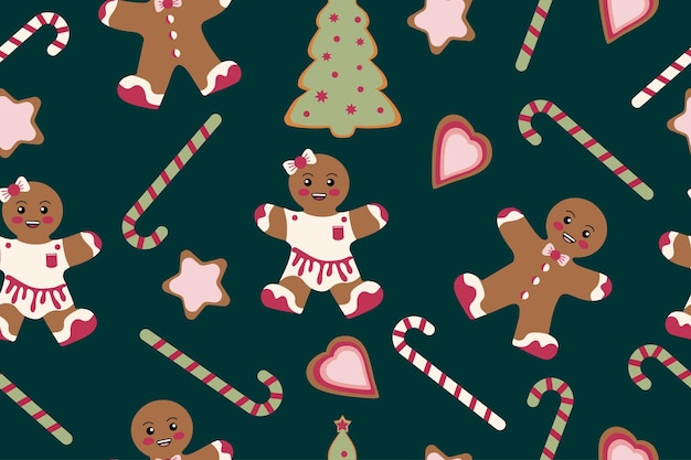 Seamless christmas pattern with gingerbread man and candy cane on dark background vector illustration vector illustration