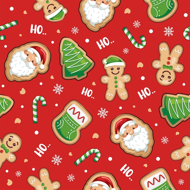 Seamless Christmas Pattern With Gingerbread Man, Santa Claus, Christmas Tree, And Candy Cane