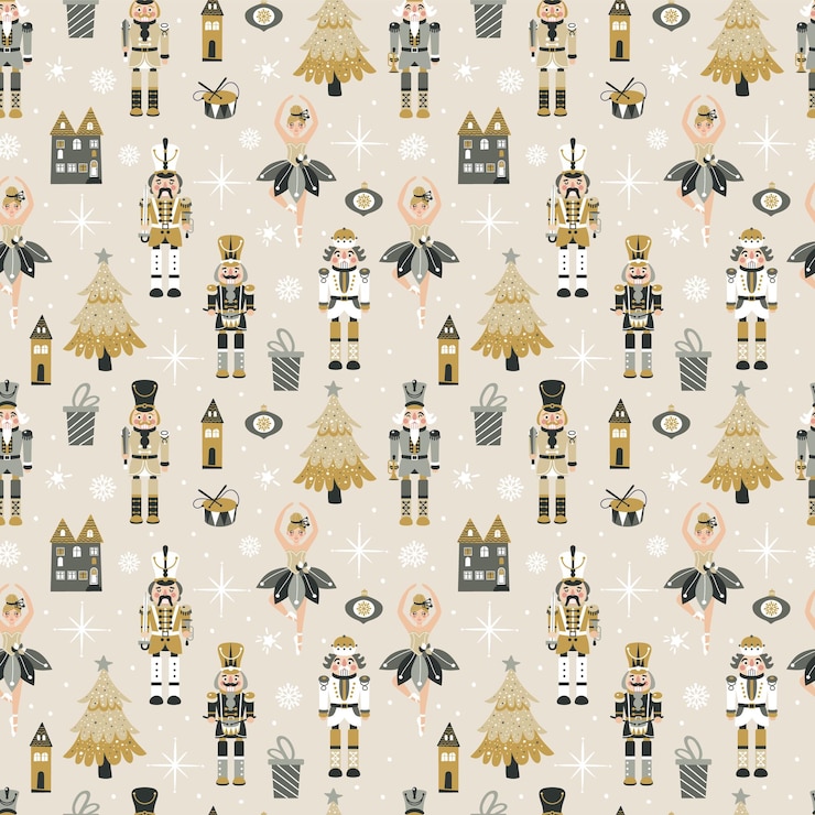 Vector seamless christmas pattern with nutcrackers ballerina in vector on beige