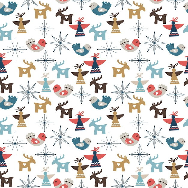 Seamless pattern di natale con ornamenti, stelle, fiocchi di neve, angeli e cervi