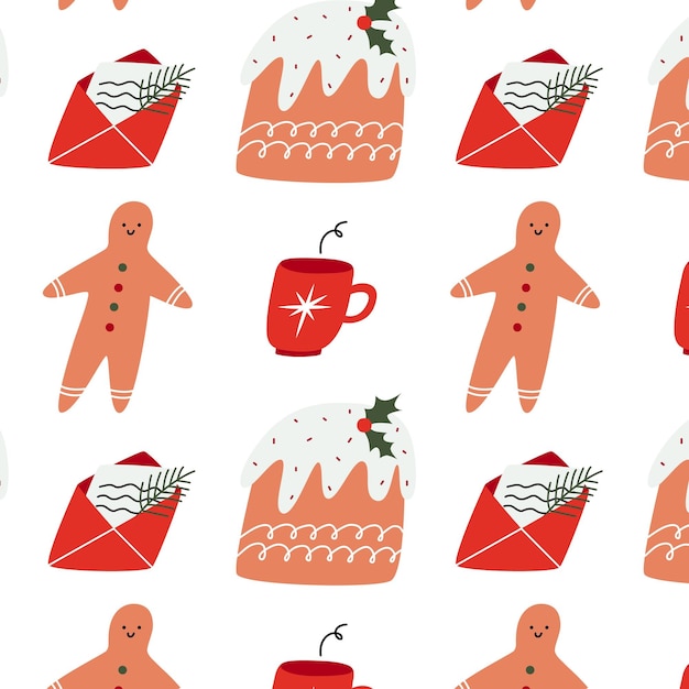Бесшовный рождественский узор с пудингом, пряничным человечком, чашкой и письмом с Новым годом и Рождеством на фоне текстуры зимних праздников