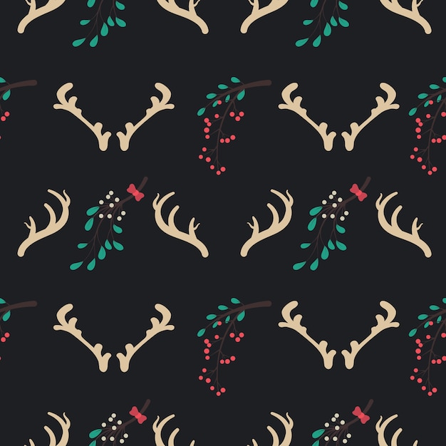 Vector seamless christmas pattern with reindeer antlers and mistletoe