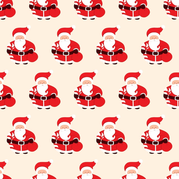 Vector seamless christmas pattern with santa claus, sugar cane and presents bag. cartoon character of a man with beard. vector illustration