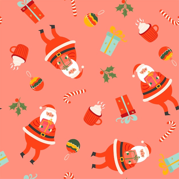 Seamless christmas pattern with santa claus, sweet canes, warm drinks and gifts. vector graphics.