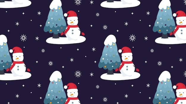 Бесшовный рождественский узор со снеговиком и елкой на прозрачном фоне