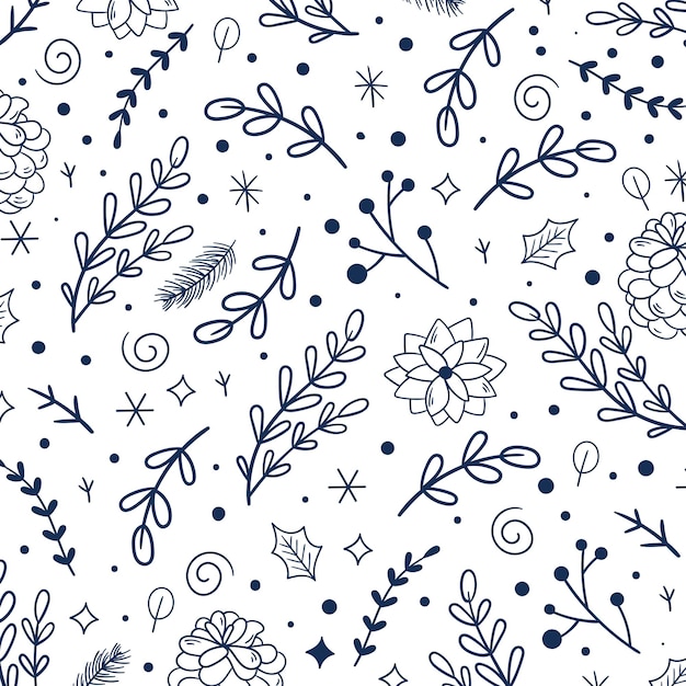 Vector seamless christmas pattern with spruce branches, mistletoe and berries.