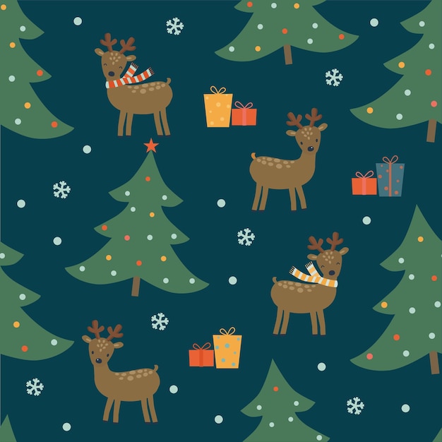 Seamless christmas pattern with trees, boxes, reindeer on blue background.