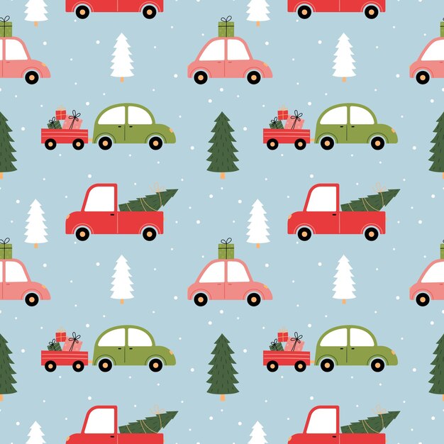 Vector seamless christmas pattern with a variety of cars christmas trees and gifts on a blue background winter vector background for textile fabric packaging