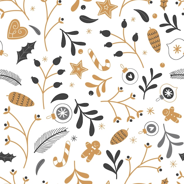 Vector seamless christmas pattern with winter plants gingerbread and christmas decorations