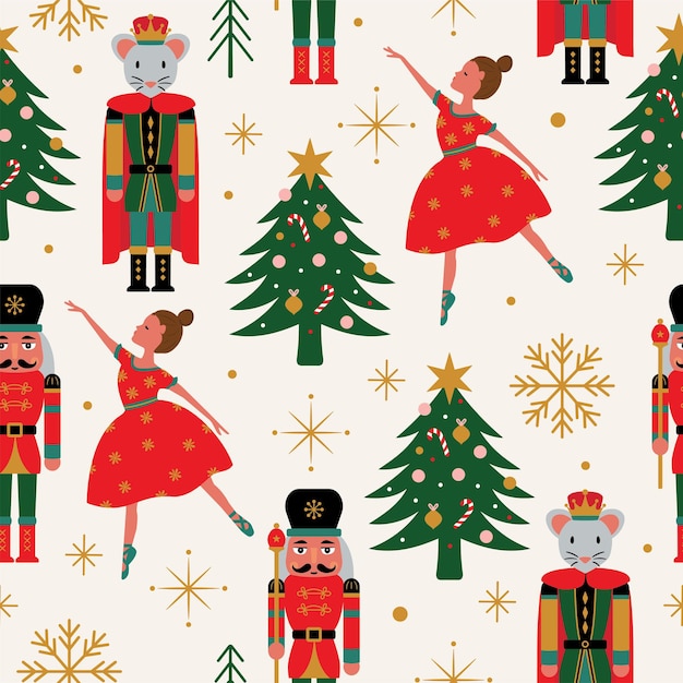 발레리나 호두까기 인형과 마우스 킹이 있는 원활한 크리스마스 트리 패턴