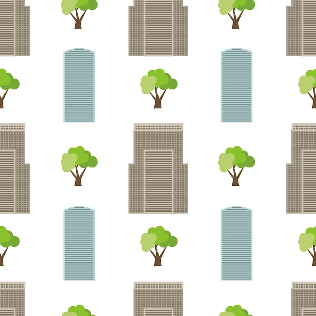 Seamless city background with modern houses and green trees. Vector illustration