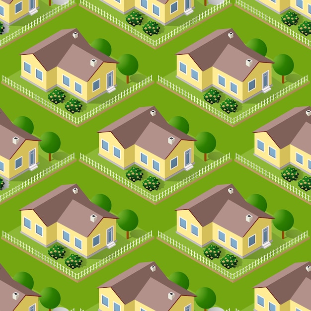 Vector seamless city building house repeating tile pattern isometric illustration for printing and design creative design