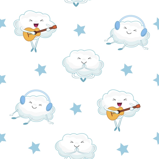 Seamless cloud pattern, Cute cartoon cloud with a guitar in his hands and cloud listening to music