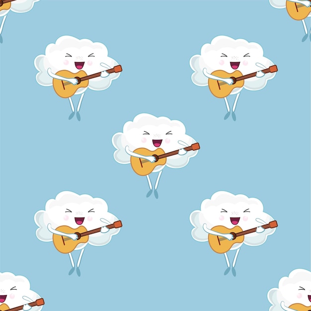 Seamless cloud pattern, Cute cartoon cloud with a guitar in his hands