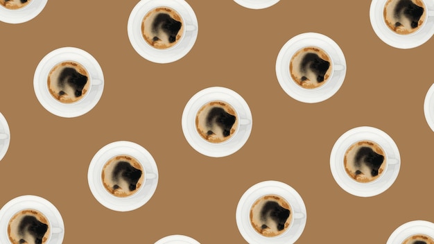 Seamless coffee pattern design with vector cups.