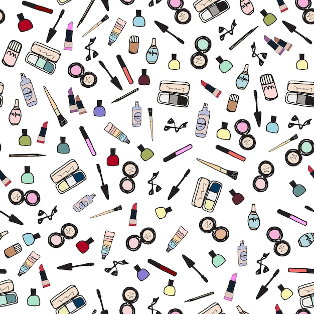 Seamless color pattern with makeup cosmetics products Hand drawn beauty background