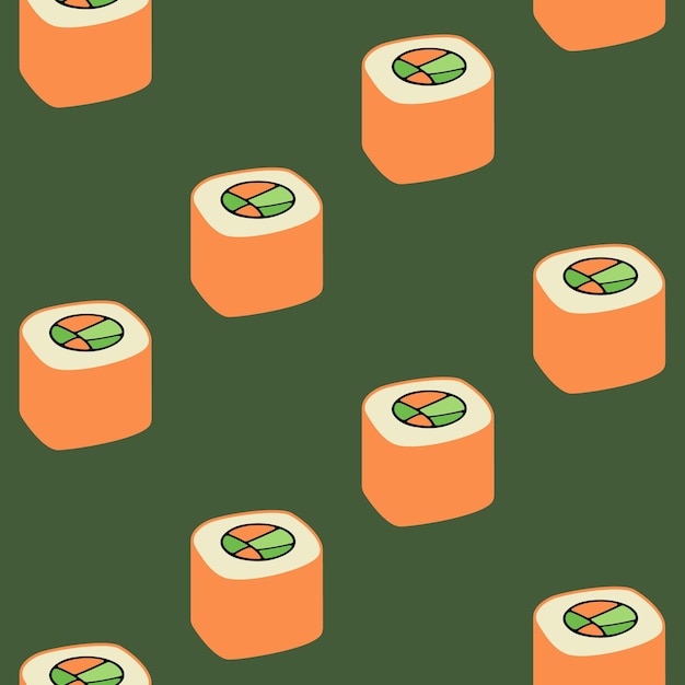 Seamless colored pattern with cartoon Japanese sushi roll