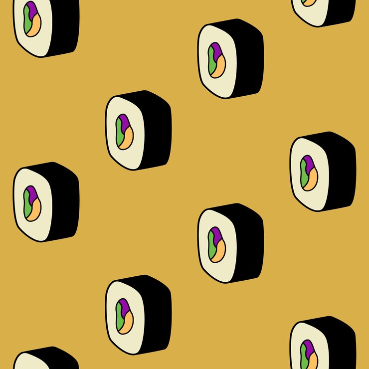 Vector seamless colored pattern with cartoon japanese sushi roll