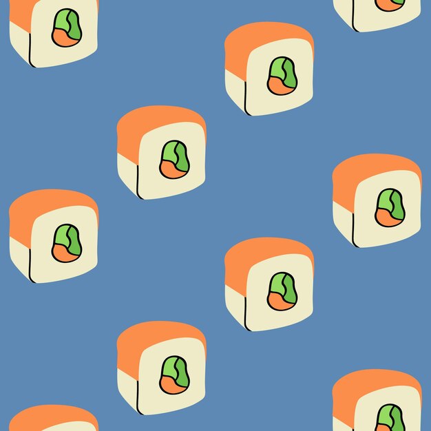 Seamless colored pattern with cartoon Japanese sushi roll