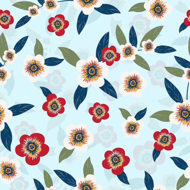 Seamless colorful flowers and leaves pattern