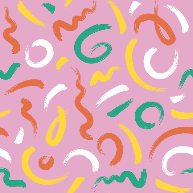 Vector seamless colorful pattern of squiggles on a pink background brush strokes