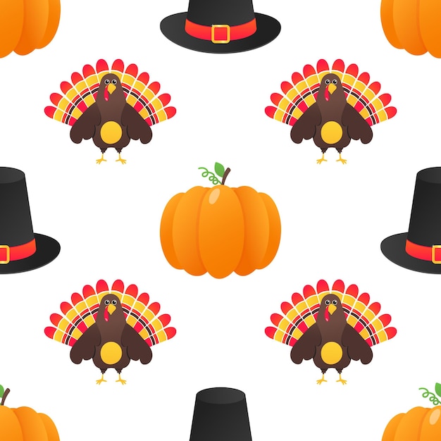 ベクトル 七面鳥の鳥のカボチャと帽子を使ったシームレスなカラフルな感謝祭のパターン