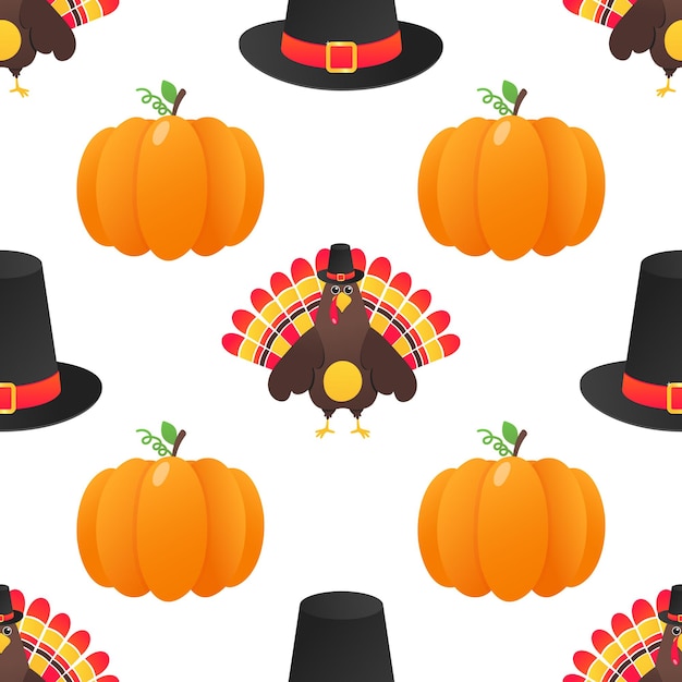 Seamless colorful thanksgiving pattern with turkey bird pumpkins and the hat
