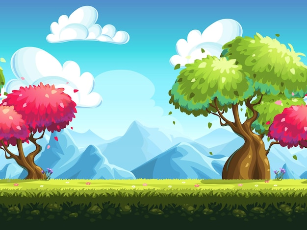 seamless colorful trees in forest against the backdrop of  mountains
