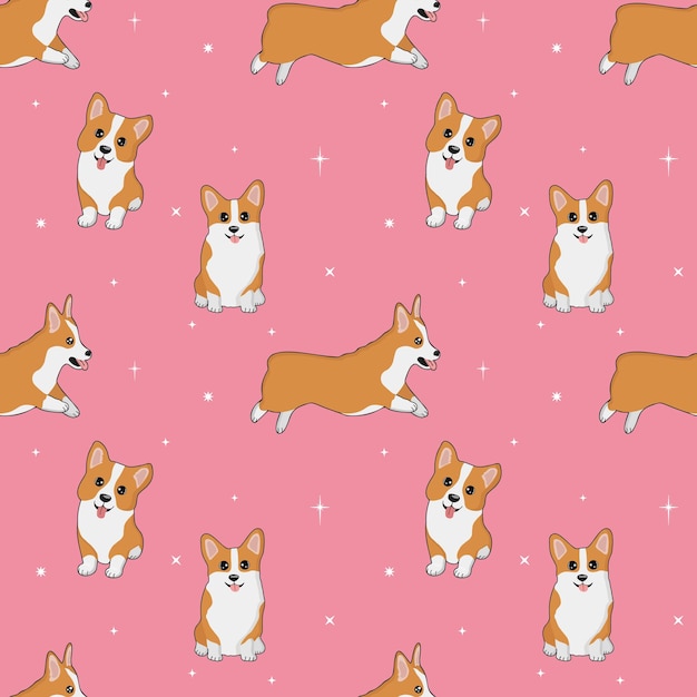 Seamless corgi pattern Cartoon home pet set of cute puppies for print posters and postcard Vector corgi animal background Funny little doggy