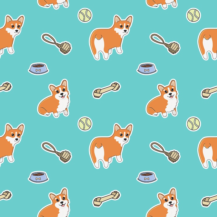 Vector 원활한 corgi 패턴 만화 집 애완 동물 인쇄 포스터 및 엽서에 대 한 귀여운 강아지 세트