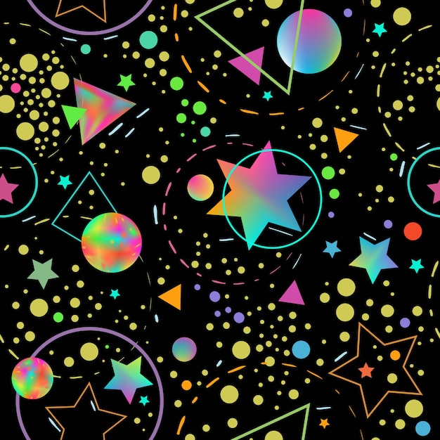 A seamless cosmos pattern with neon bright blue and pink stars and planets on black space sky