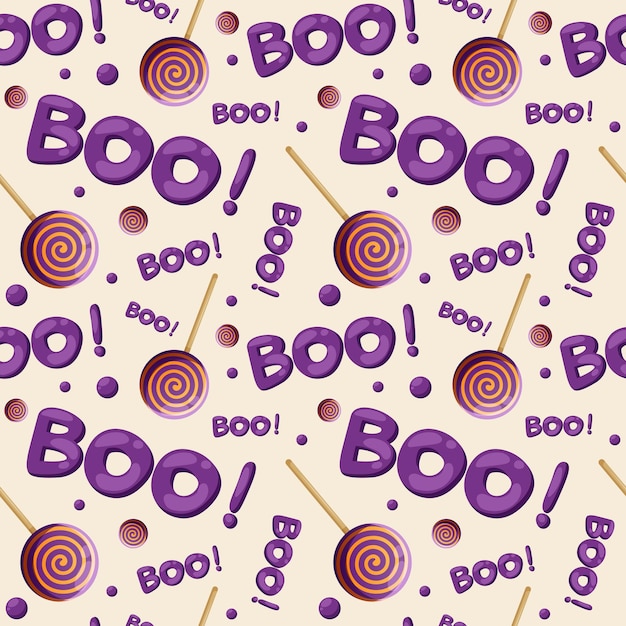 Seamless crazy pattern with boo text and lollipops with hypnotic halloween