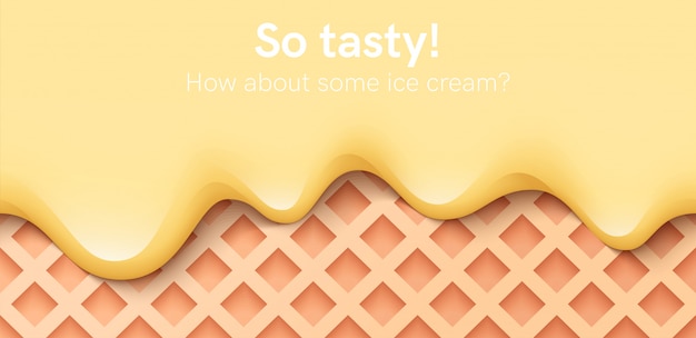 Liquido cremoso senza soluzione di continuità, crema di yogurt, gelato o latte che si scioglie e scorre su un waffle. gocciolamenti di banana gialla. design semplice dei cartoni animati. sfondo per banner o poster. illustrazione realistica