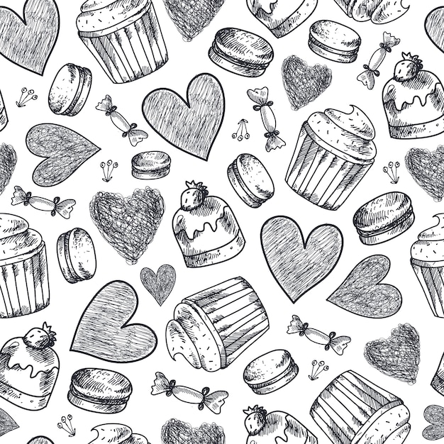  seamless cupcakes, sweets, macaroons, hearts hand drawn pattern. Black and white vintage doodle background