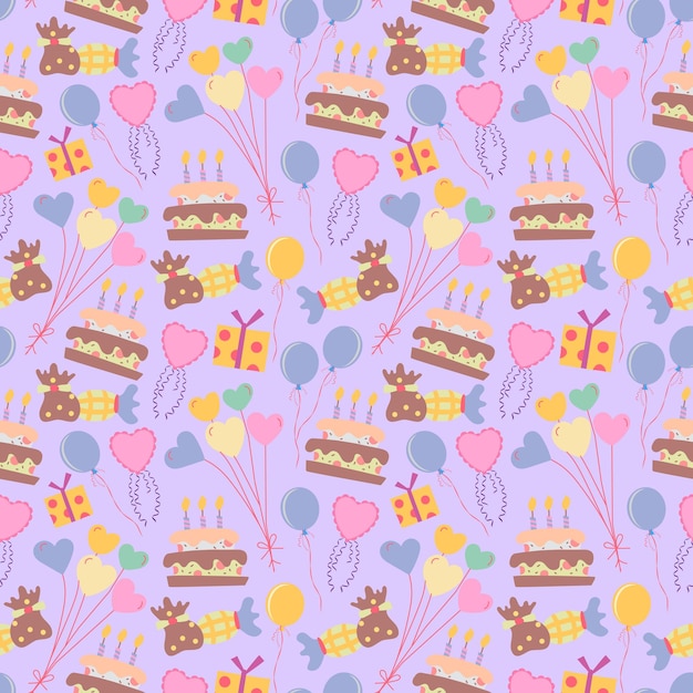 Seamless cute balloon and cake background pattern in vector